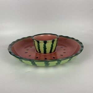 Vtg Watermelon Chip and Dip Serving Platter Bowl 2pc Set Ceramic Kitchenware EUC